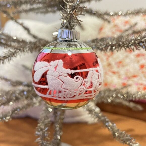 3" Radko Shiny Brite Stenciled Flocked Ornament Santa Sleigh Ride Red Green Mcm - Picture 1 of 5